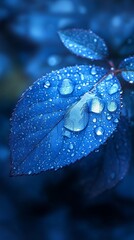 Dew-kissed blue leaf, nature's serenity.