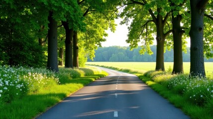 Serene Countryside Road Lined with Lush Greenery and Delicate White Blossoms Under a Sunny Sky