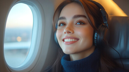 Indonesian woman listening music enjoying flight and business trip by commercial plane