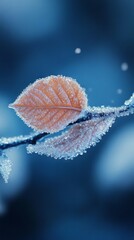 Frozen leaves on a branch, winter scene