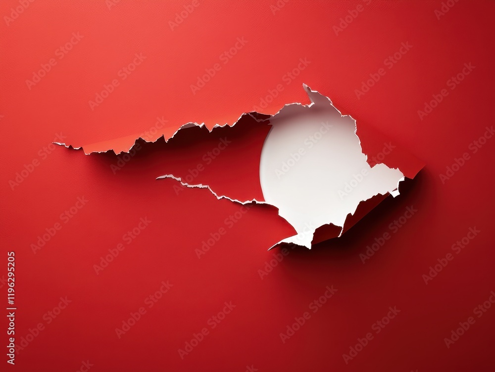 Poster abstract red paper with torn hole and white background