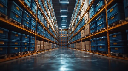 A well-organized warehouse aisle filled with stacked blue plastic containers and cardboard boxes, symbolizing efficient storage, logistics, and supply chain management in an industrial setting.