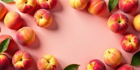 A vibrant arrangement of fresh peaches creates a delightful frame against a soft pink backdrop, perfect for summer themes and healthy eating promotions.