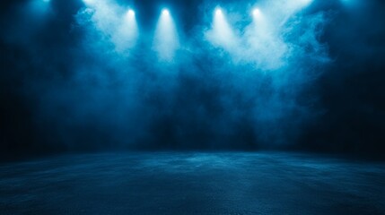 The dark stage shows, empty dark blue scene background, neon light, and spotlights The asphalt floor and studio room with smoke float up the interior texture for display products.