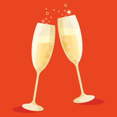 Two sparkling glasses of champagne. Merry Christmas, Happy New Year and Valentine's Day design element. Vector illustration.