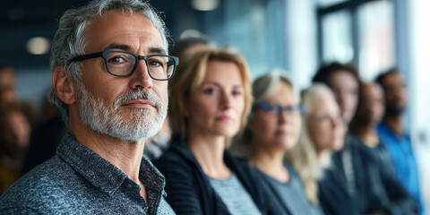 Obraz premium A diverse group of people standing in line, The focus is on one middle-aged man with gray hair and glasses, generarive AI