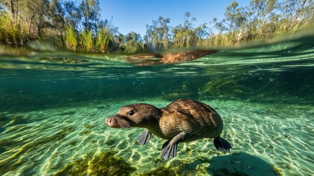 A platypus swimming in a clear river, hunting for food.