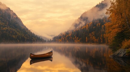 A small boat is floating on a lake