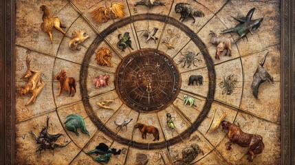 Fototapeta premium Ancient Zodiac Wheel with Intricate Carved Animal Figures
