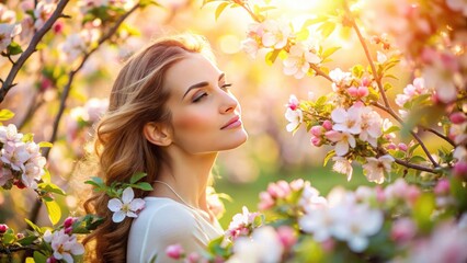 Fototapeta premium Spring's delicate embrace: a woman's portrait, framed by a blooming apple orchard.