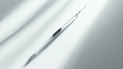 A sharp medical syringe laid diagonally on a white surface, focusing on its sleek design