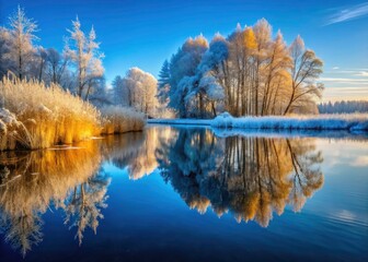 Winter's icy embrace: a frozen lake reflects a forest bathed in ethereal winter light.