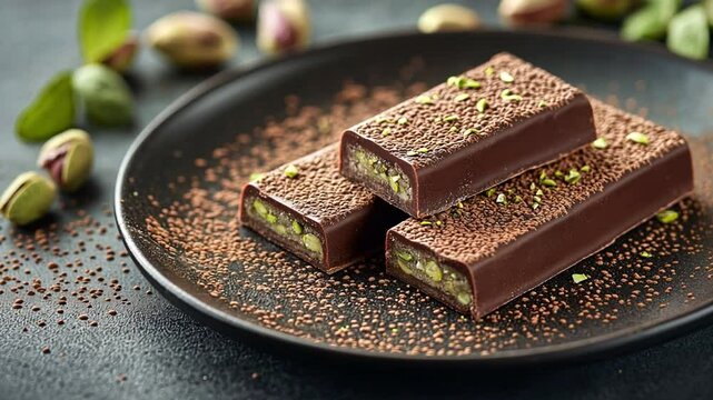 On the table are pieces of a delicious Dubai chocolate bar with knafeh and pistachios.