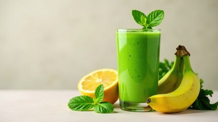 Fototapeta premium Refreshing Green Smoothie with Citrus and Bananas A Vibrant Blend of Healthy Ingredients