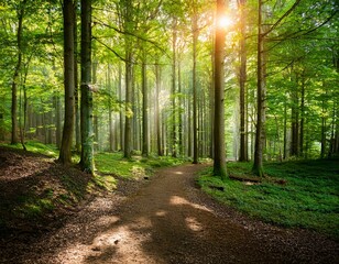 Obraz premium Sunlit Forest Path: A picturesque path winds through a vibrant, sun-drenched forest, dappled sunlight illuminating the lush green undergrowth and tall trees.