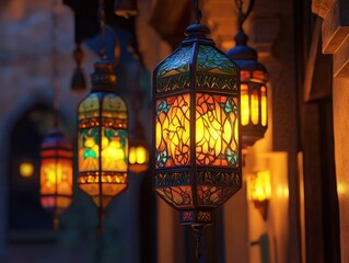 Colorful Glowing Lanterns Hanging at Night