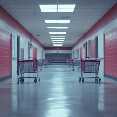 Naklejka premium Abandoned Shopping Carts in a Desolate Forgotten Grocery Store Aisle Symbolizing the Food Desert Crisis and Social Challenges