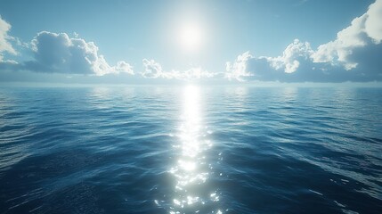 Fototapeta premium Serene ocean landscape under a bright sun with reflective water and fluffy clouds, perfect for relaxation