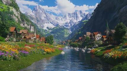 Fototapeta premium A river runs through a valley with a town on the right bank