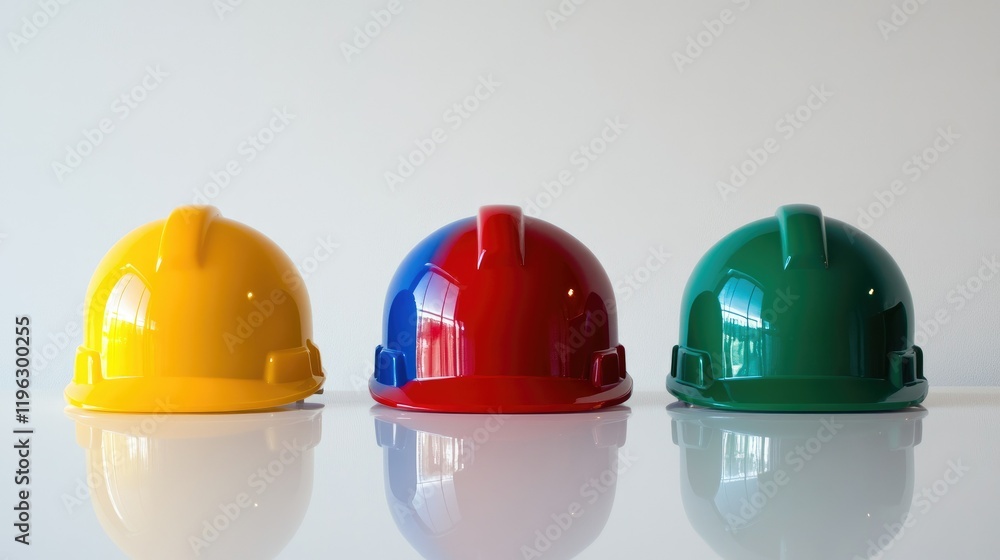 Poster four hard hats in bold colors aligned perfectly on a glossy white table, emphasizing structure and a