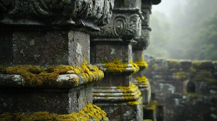 Fototapeta premium ancient stone pillars eroded by centuries - their surface covered with moss