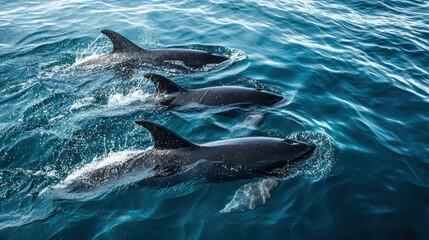 Fototapeta premium A pod of pilot whales swimming together in the open sea.