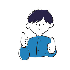 Simple hand-drawn illustration of a male student wearing the school run in a nice pose with both hands.