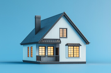 A stylish blue minimalist 3D house with warm glowing windows, set against a clean blue background.