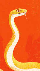 Fototapeta premium A golden snake Chinese illustration is wrapped around the edge of an orange-red background, Festive year of the snake wallpaper with copy spaces.