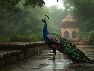 Majestic Peacock in the Rain, Ancient Temple Backdrop