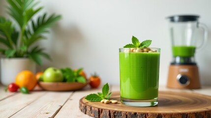 Refreshing Green Smoothie Recipe in Glass with Nuts and Mint Garnish on Wooden Board