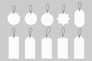 Set of blank white paper price tags or gift tags. Paper labels with cord. White tag. Vector illustration.
