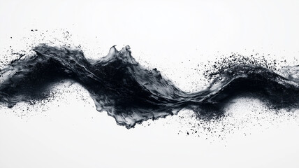 Dynamic abstract wave of black liquid splashing against a white background, creating a striking contrast and fluid motion.