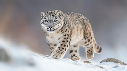 Naklejka premium a snow leopard gracefully walking on a rocky mountain ridge