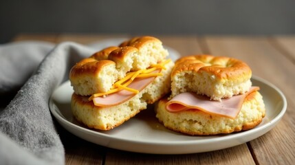 Scrumptious Buttery Biscuits with Sliced Ham and Melted Cheese on a Rustic Wooden Table