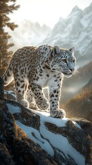 Obraz premium a snow leopard gracefully walking on a rocky mountain ridge