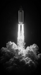 Fototapeta premium Rocket launch through dramatic clouds at night