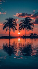 Sunset silhouette of palm trees by tranquil water.
