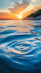 Sunset over calm ocean water with ripples