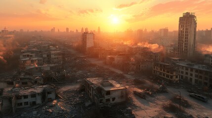 Fototapeta premium A panoramic view of a ruined city at sunset, showcasing the devastating effects of a catastrophic event. The scene is filled with destruction, conveying a sense of desolation and loss.