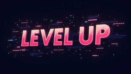 Level Up: Neon Glowing Text Effect: Vibrant pink and purple neon "LEVEL UP" text on dark background with futuristic digital glitch effect. Perfect for gaming, technology, or progress concepts. 