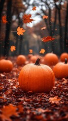 Autumn pumpkin patch with falling leaves