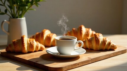 Aromatic Coffee and Flaky Pastries on a Wooden Board in Soft Morning Light