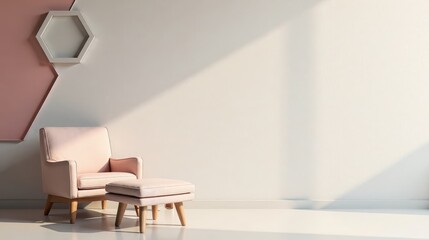 Serene Minimalist Living Room Interior Design with Soft Pink Armchair and Footstool