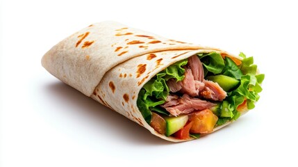 Delicious wrap filled with fresh vegetables and tender meat on a clean white background