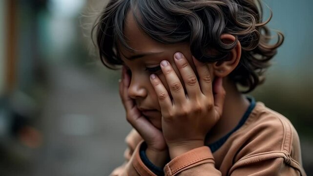 Emotional Portrait of a Child Reflecting Sadness and Vulnerability in a Natural Outdoor Setting