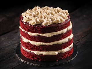 A layered red velvet cake with cream cheese frosting isolated on a dark wooden table