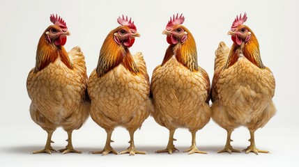 Fototapeta premium Four vibrant, healthy chickens standing in a row against a plain background, showcasing their plumage and posture