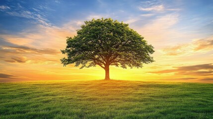 Fototapeta premium Lone tree in an open field illuminated by a glowing sunset, symbolizing resilience and the need for environmental protection