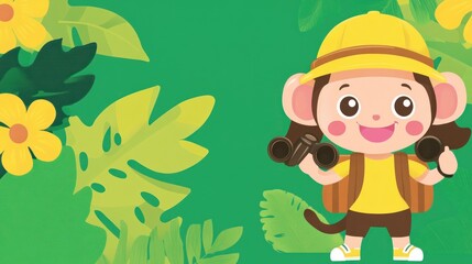 Cute monkey explorer with binoculars in a lush jungle setting. (1)